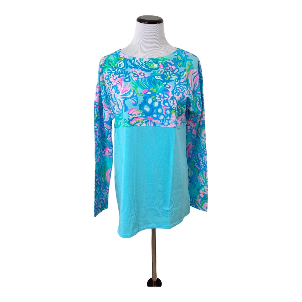 Lilly Pulitzer Finn Top Aqua La Vista Blue Ibiza Long Sleeve Floral Sz S
